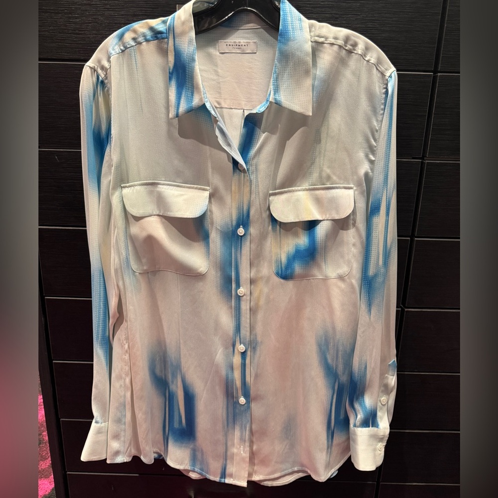 Equipment Blue and White Casual Silk Button Down Shirt